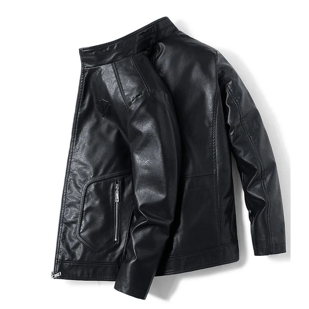 Мужская кожаная куртка кожаная курка мужская jaqueta de couro masculino осенне-зимняя однотонная кожаная куртка с длинными рукавами#3
