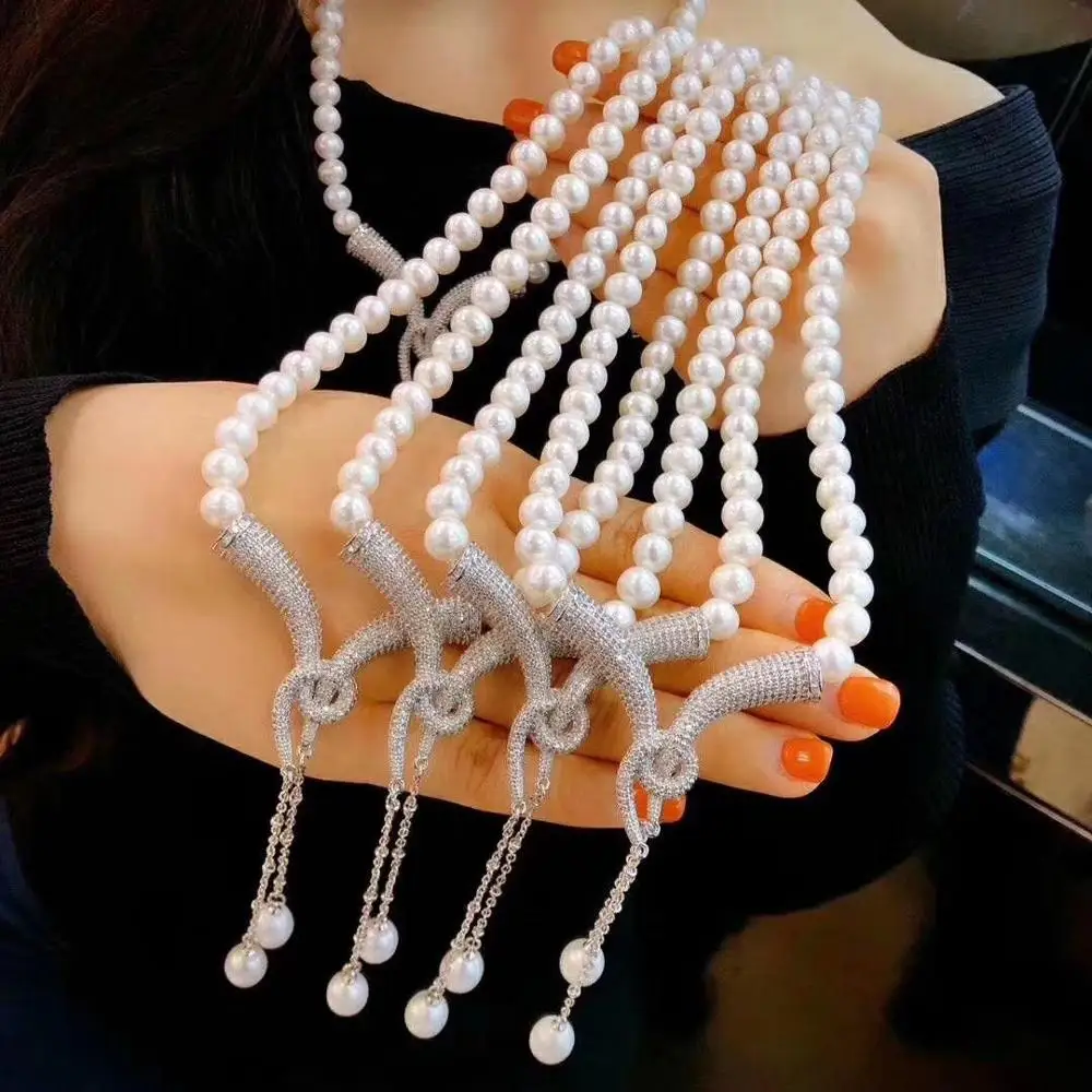 Collar de con colgante de circón forma de Y con cuernos para Estilo Princesa, joyería noble, collar de perlas naturales|Collares - AliExpress