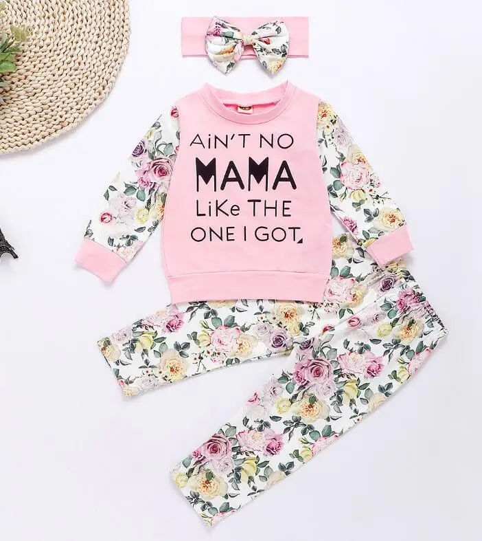 Baby Girl 6M-3T Ain't No Mama like the one I got printed Sweatshirt Top+ Flower Pant+ Headband 3PC outfits - Цвет: Розовый