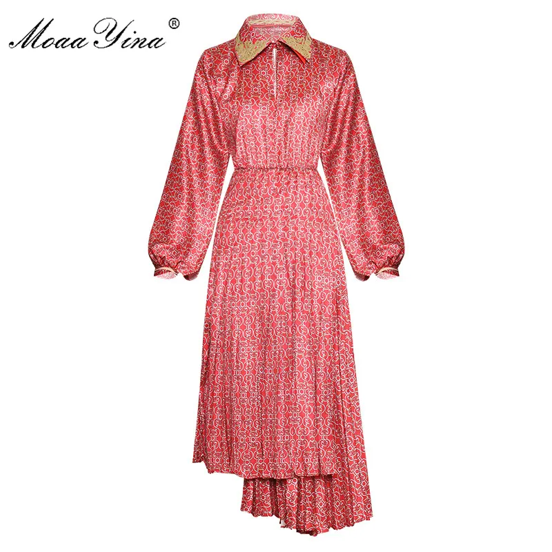 

MoaaYina Fashion Designer Runway dress Spring Autumn Women's Dress Lantern sleeve Print Asymmetrical Dresses