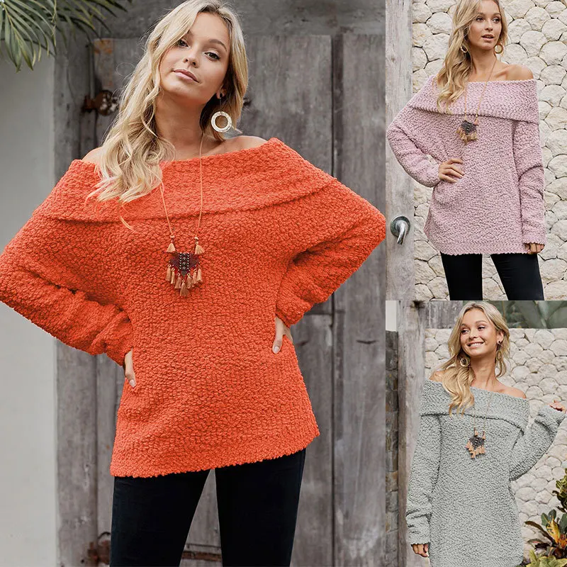 

clothing OWLPRINCESSS New Style Solid Color Wrap-around Horizontal Neck Long Sleeve Loose-Fit Pullover Woollen Sweater