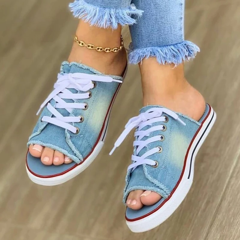 Zapatillas de tela vaquera informales para mujer, zapatos de playa a la moda, de talla grande, de lona, con cordones, Punta abierta