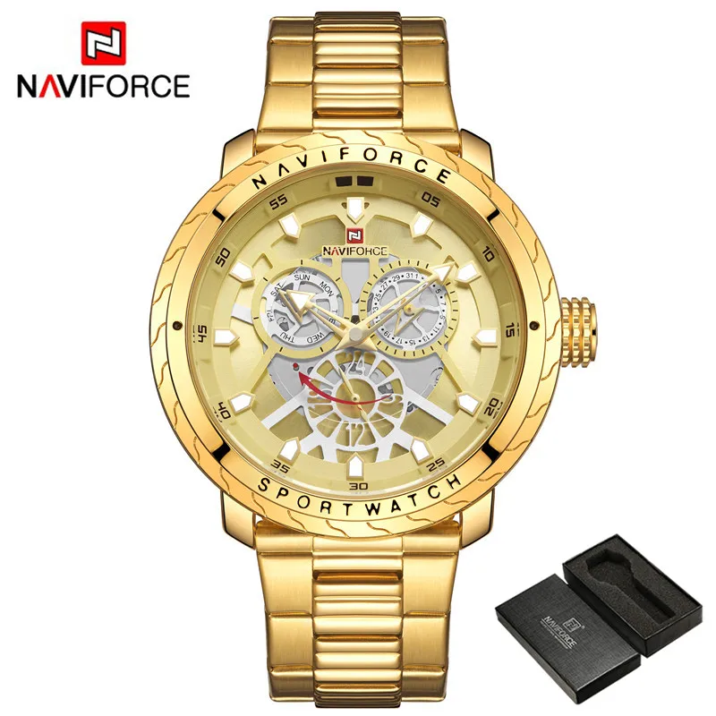 NAVIFORCE мужские наручные часы модные спортивные мужские часы лучший бренд Роскошные военные армейские бизнес из нержавеющей стали кварцевые мужские часы 9158 - Цвет: NA915802 with box