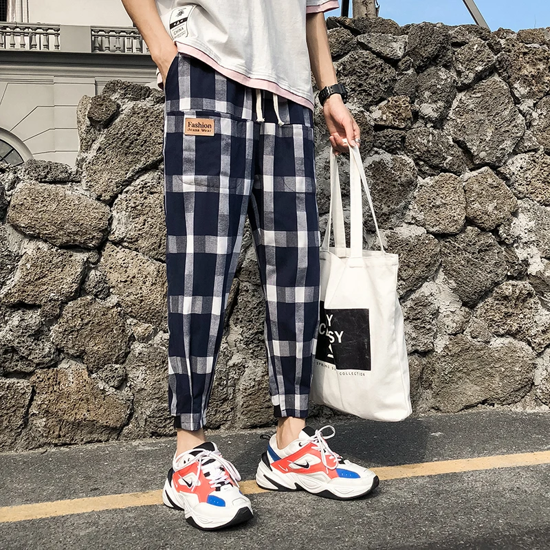 

YASUGUOJI New 2019 Autumn Mens Pants Fashions Men Casual Men Checked Trousers Streetwear Contrast Color Big Plaid Pants Men