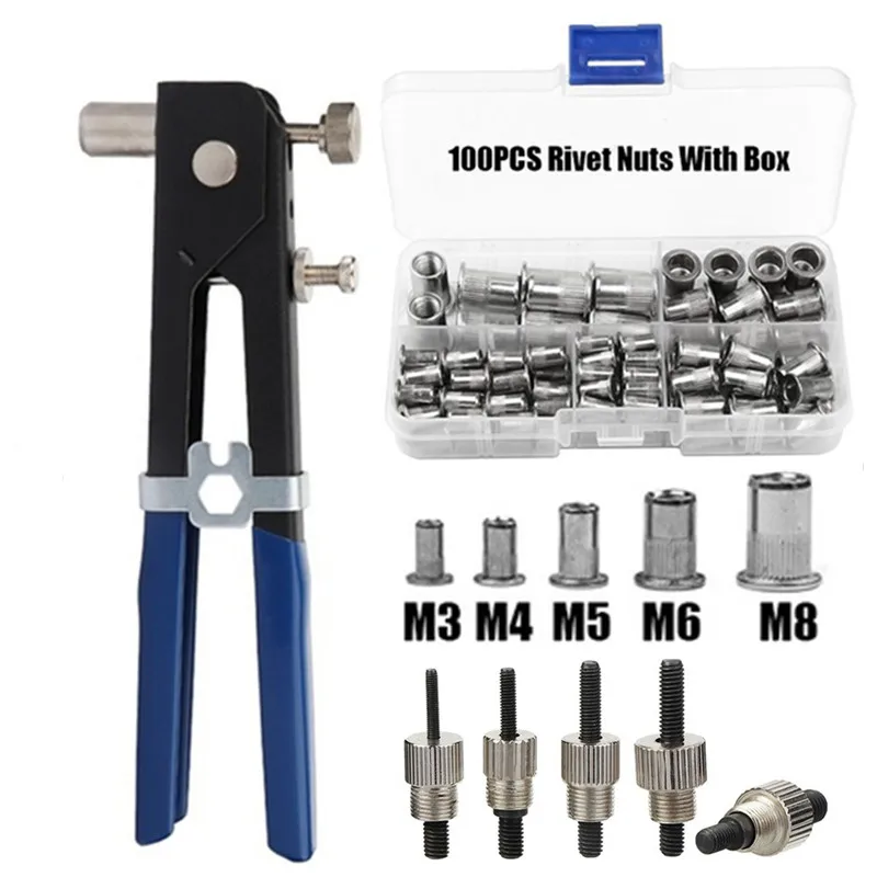 Mão Riveter Nut Rivet Gun Kit Manual Rosca Nut Rive Ferramenta Ferramentas de Reparo Doméstico m3 m4 m5 m6 m8 100 Pcs Aço Inoxidável