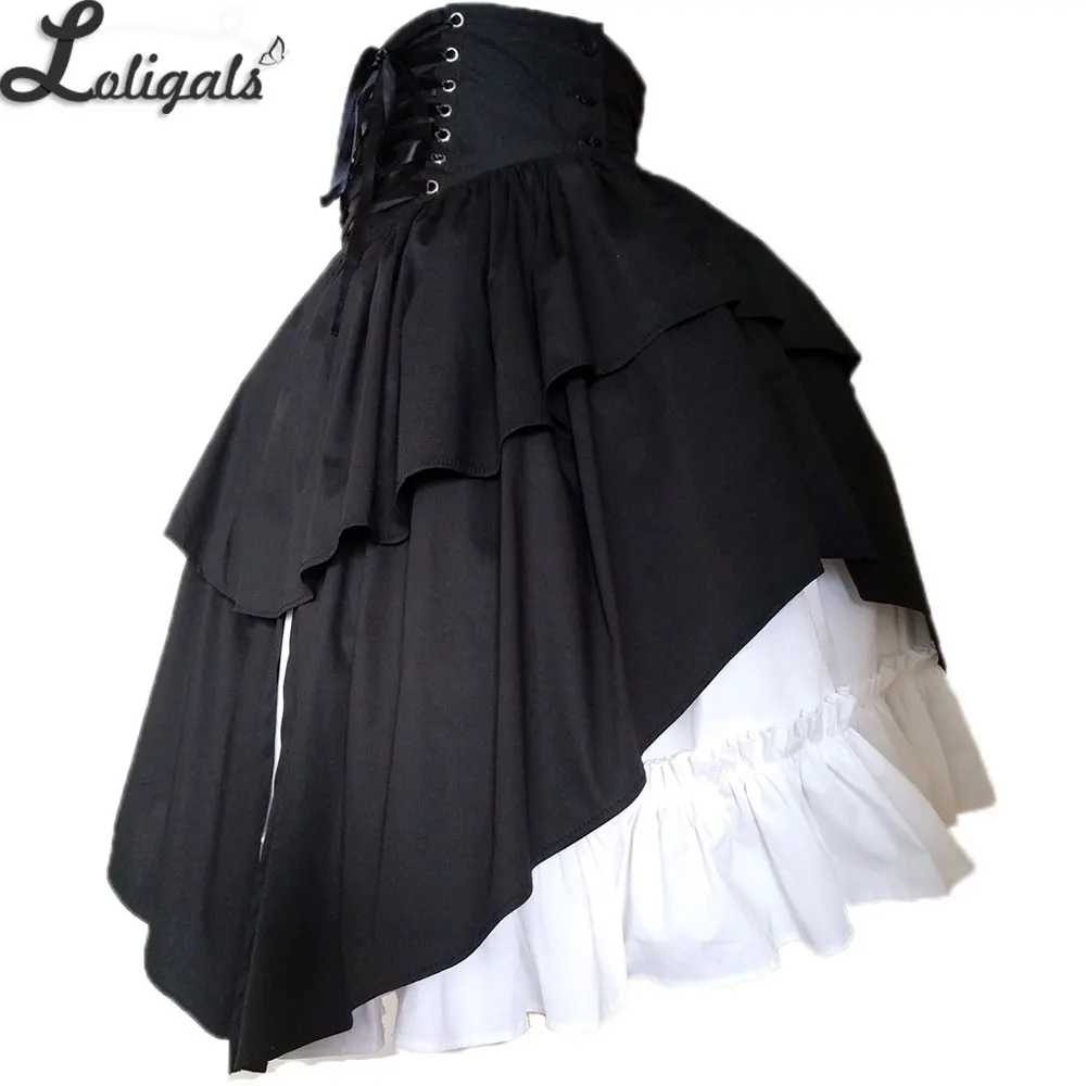 Gothic Zwarte Lolita Rok Hoge Taille Verstoorde Katoen Midi Rok w. Asymmetrische Ontwerp Gothic Zwarte Lolita Rok Hoge Taille Verstoorde Katoen Midi Rok w. Asymmetrische Ontwerp