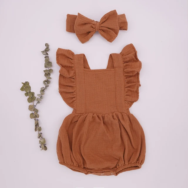Organic Cotton Baby Girl Clothes Summer New Double Gauze Kids Ruffle Romper Jumpsuit Headband Dusty Pink Playsuit For Newborn 3M brown
