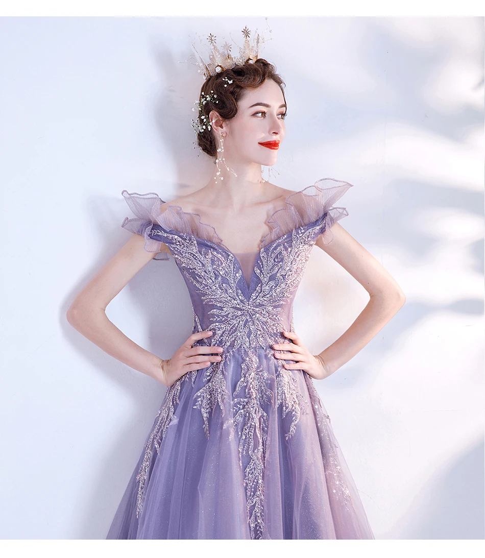 Shining Long purple sweat fairy lady girl women princess prom banquet party performance singing dress gown free ship green prom dress