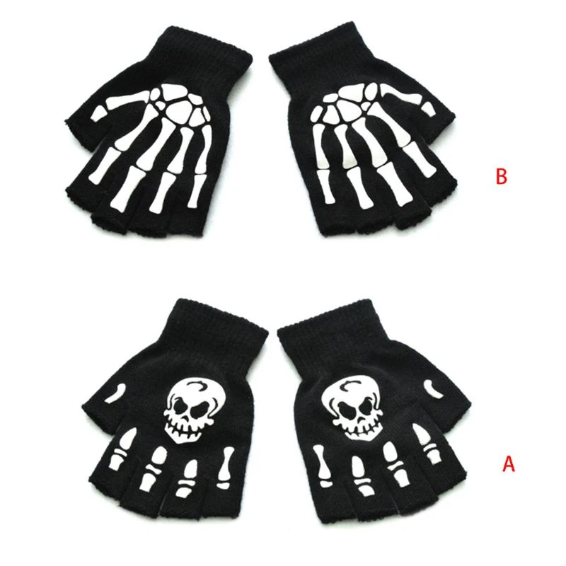 Toddler Kids Halloween Cosplay Skeleton Skull Half Finger Gloves Glow in the Dark Luminous Fingerless Winter Mittens