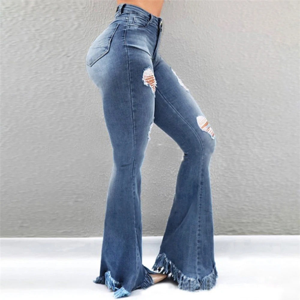 LASPERAL Women Casual Ripped Wide Leg Denim Pants Flare Jeans Bell Bottoms Plus Size Trousers Full Length Jeans Pantalon Femme