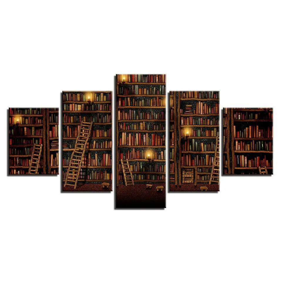 

No Framed Canvas 5Pcs Fantasy Study Library Book Wall Art Posters Pictures Paintings Home Decor for Living Room Decoration