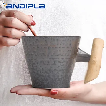 

240ml Vintage Rust Glaze Ceramic Coarse Pottery Mug with Wooden Handgrip Tea Milk Coffee Cup with Wooden Spoon Water Drinkware