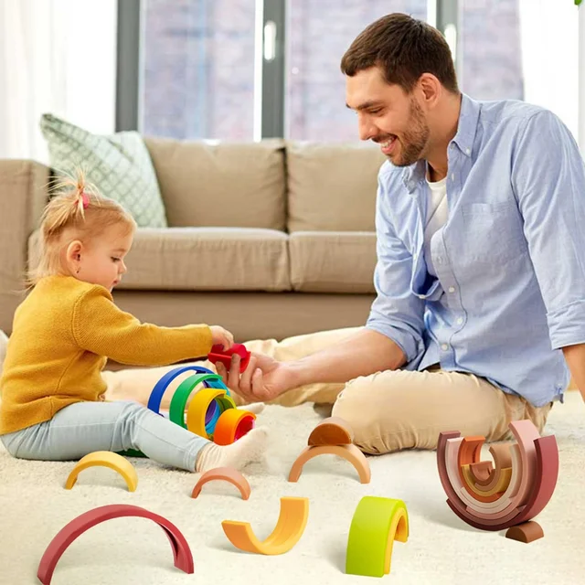 Silicone Rainbow Blocks For Children Rainbow Stacker Stacking Blocks Toy Baby Constructor Montessori Games Educational Toys Gift 6