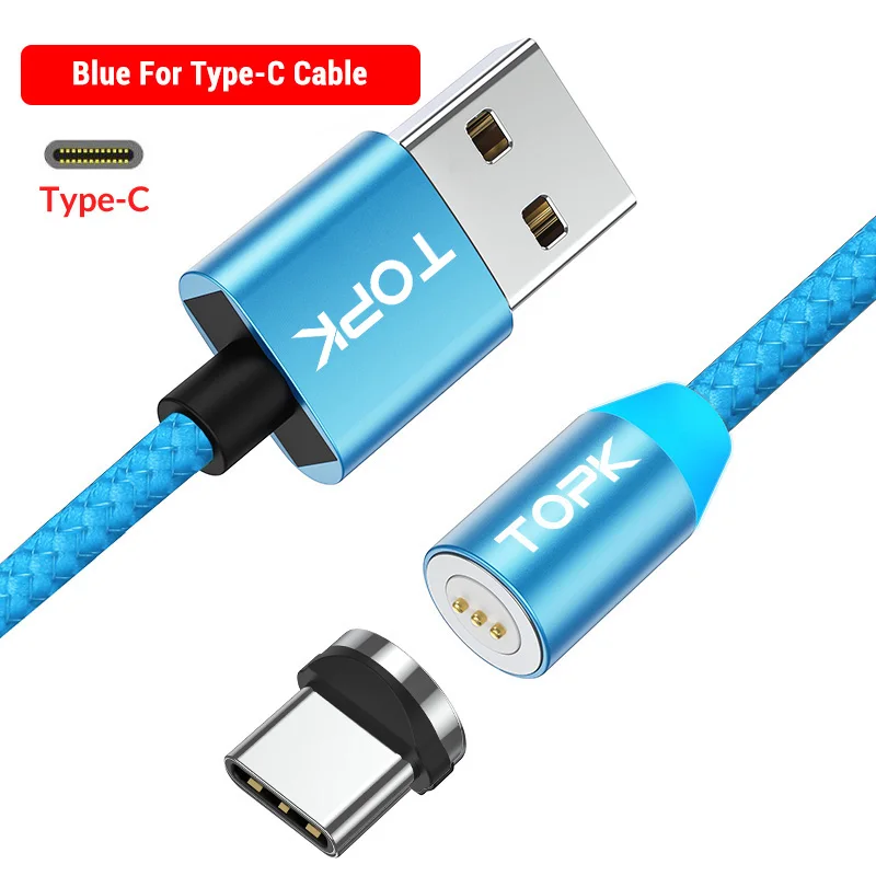 Blue Type C Cable TOPK AM37 Быстрая зарядка Магнитный зарядный кабель mi cro usb type C кабель для iPhone X Xs Max 11 8 7 6 Xiaomi mi note 10 телефонные кабели - Цвет: Blue Type C Cable