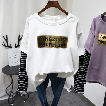 

Korean Loose-fitting Cotton Grinding Wool Stripes Stitch Fake Two-piece T-shirt Women's Long-sleeved Pullover Shirt Casual Tops