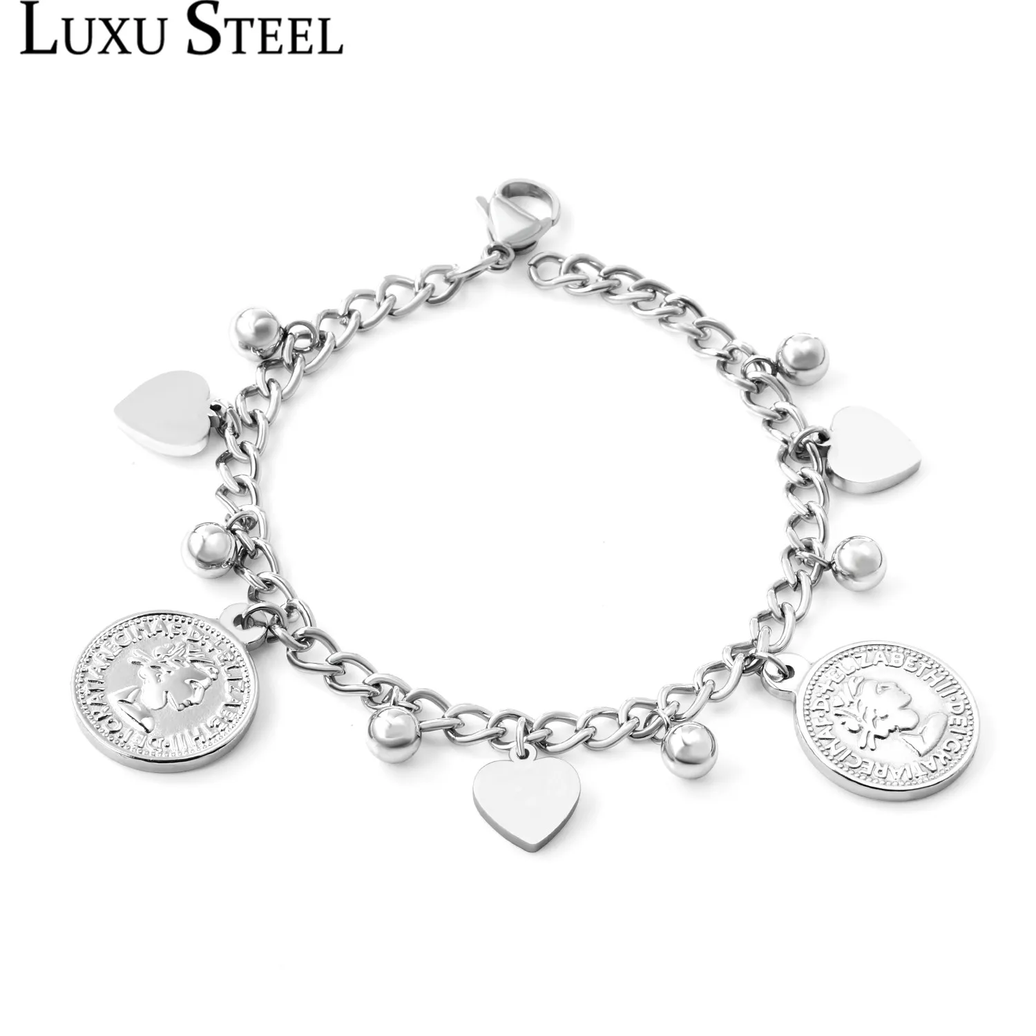 LUXUSTEEL Mother Gift Heart Round Ball and Coin Queen Stainless Steel Link Chains Bracelets Bangles Women kids bracelet Wedding | Украшения