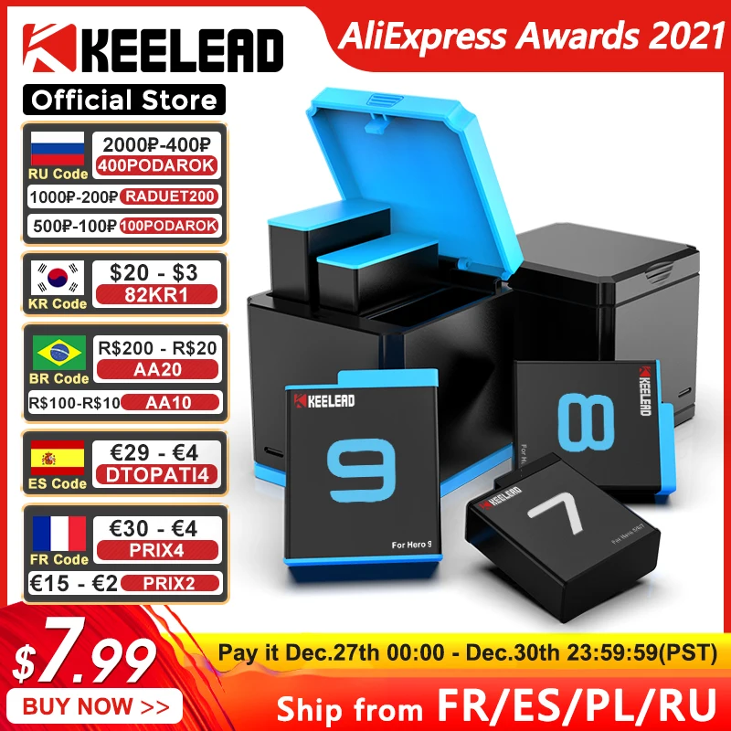 Original KEELEAD Battery For GoPro Action Sports Camera 1750mAh 3-Ways Fast Charger Go Pro Hero 9 8 7 6 10 Black Accessories | Электроника