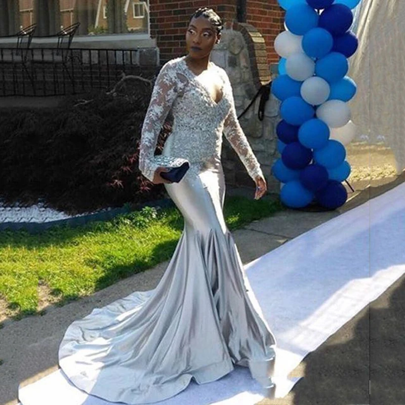 

South African Mermaid Evening Dresses Illusion Long Sleeves V Neck Sequin Satin Backless Formal Long Evening Gown Robe de soiree