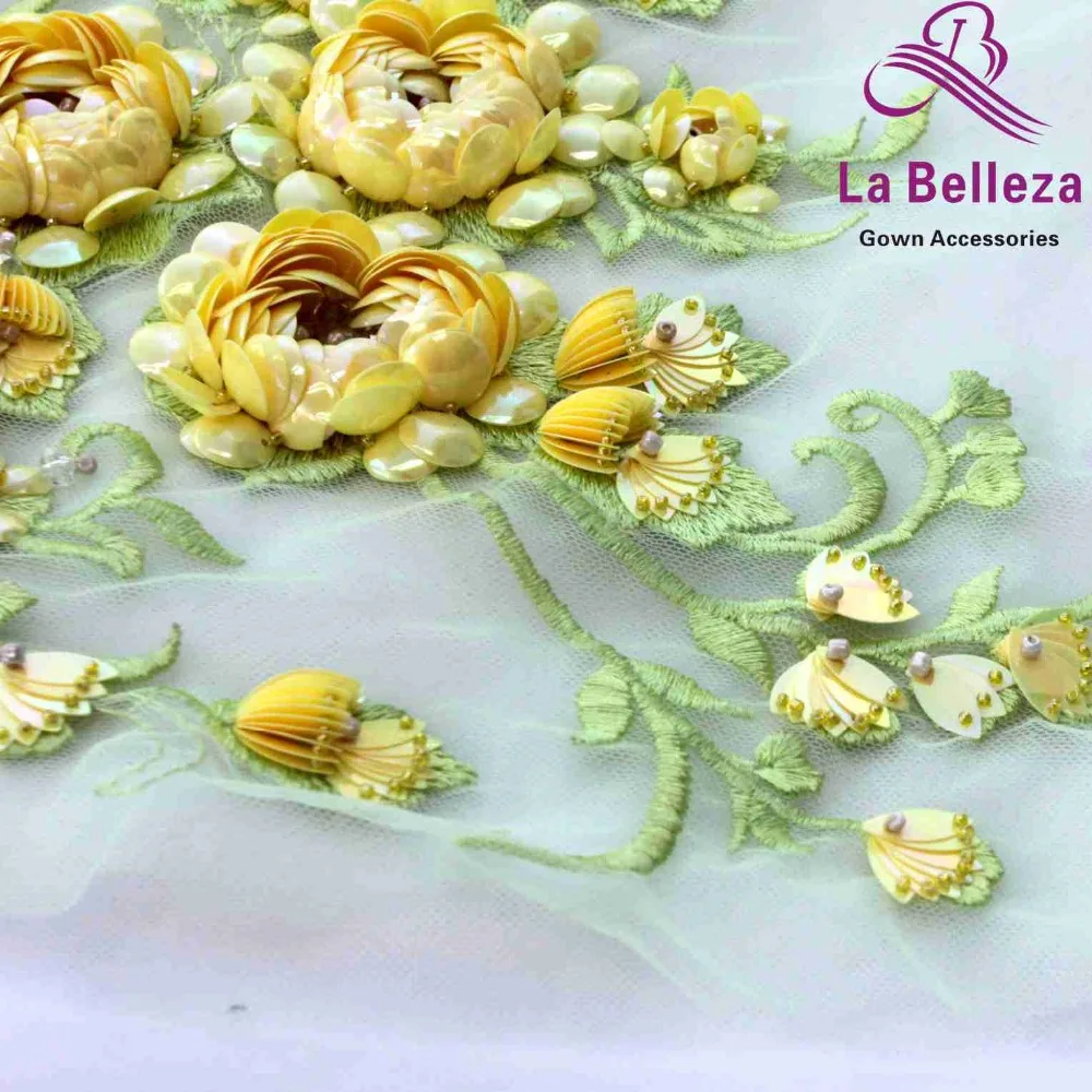 Ivory/pink/yellow flower large pattern with beads applique patch ployester embroidery patch wedding dress Accessories