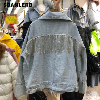 

2020 Spring New Korean Version Loose-Fit Beaded Tassel Denim Jacket Woman Large Size Long-Sleeve Oversized Denim Jacket Coat
