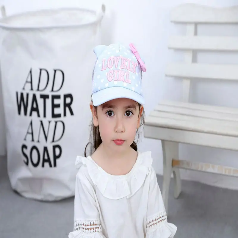 Fashion casual blue background white heart pink bow child mesh child baseball cap child hat sun hat child hat