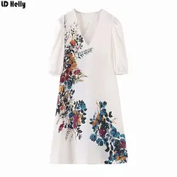 LD Helly 2019 женское элегантное мини-платье с цветочным принтом Модные Карманы v-образным вырезом Платья с коротким рукавом женское платье