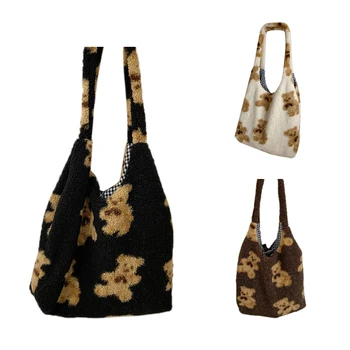 

Women Lamb Like Fabric Shoulder Tote Bag Canvas Bear Handbags Large Capacity Shopping Bags Girls Cute School Bag