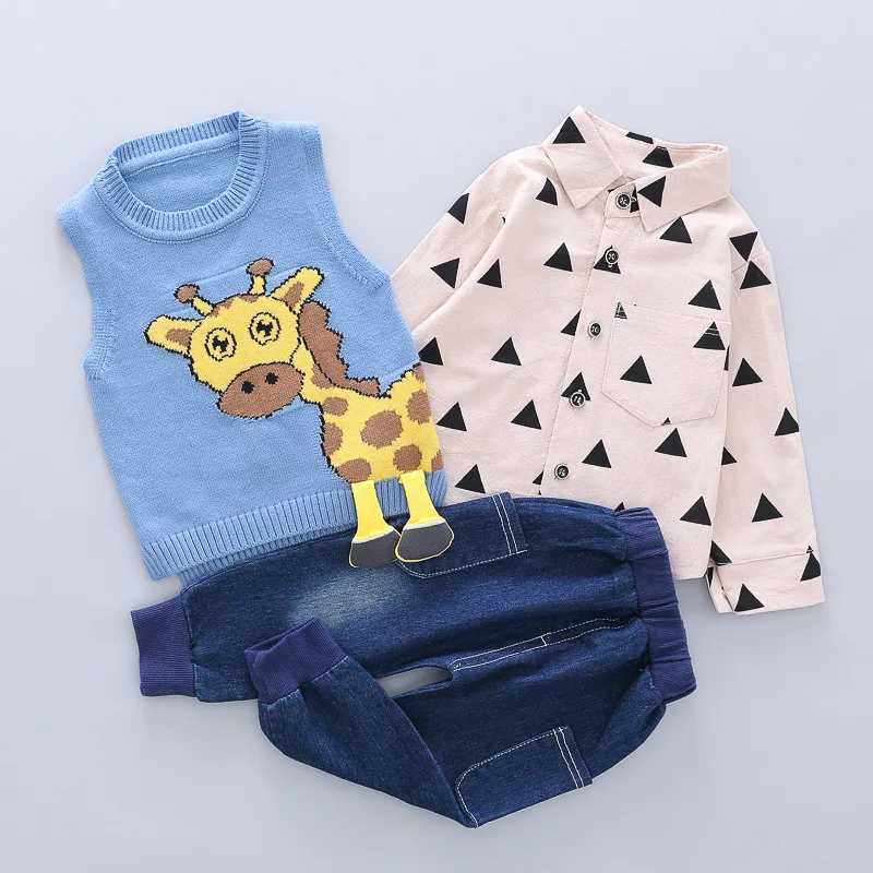 Весна-осень дети мультфильм животных свитер c жирафом; футболка и джинсы; костюм из трех предметов