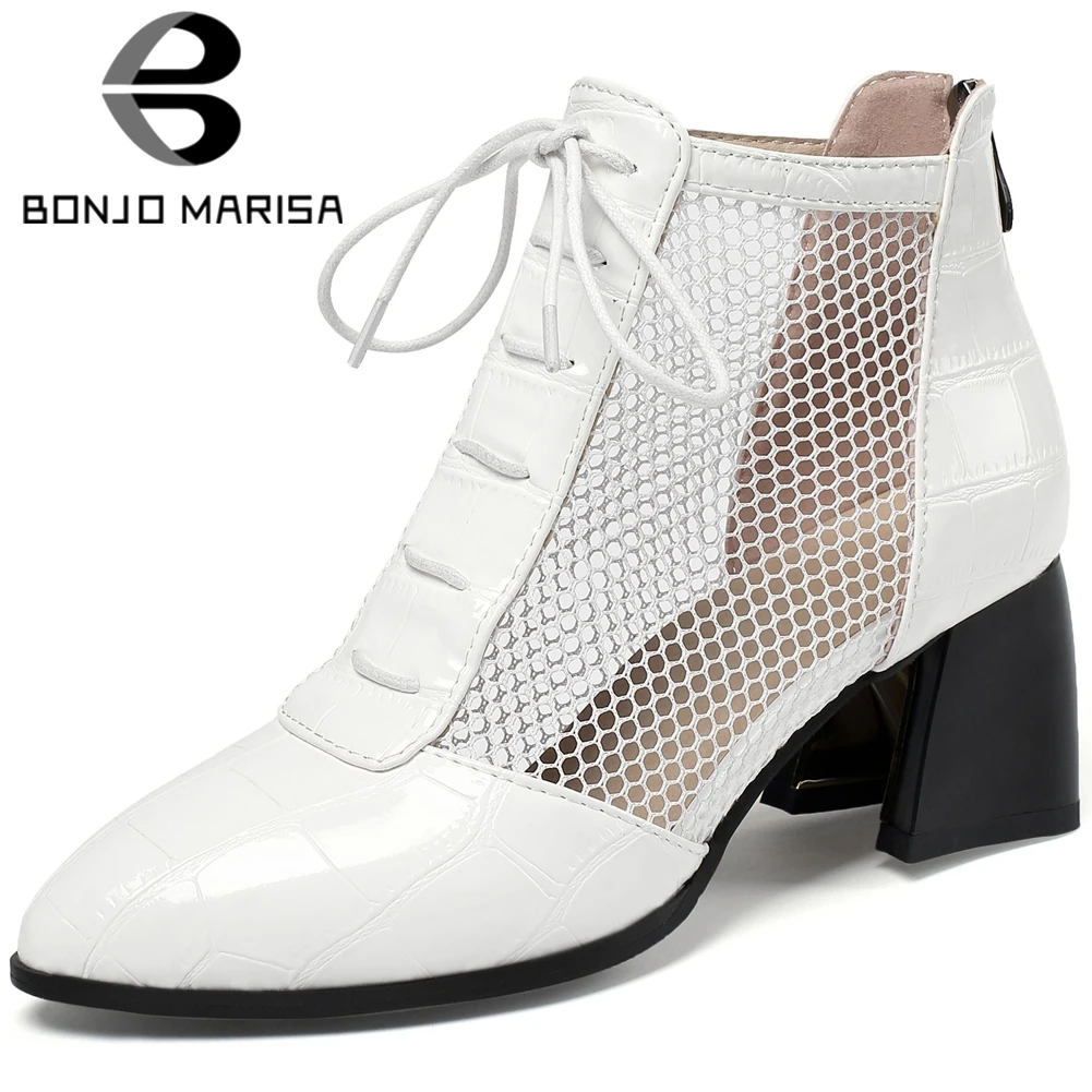 

BONJOMARISA Brand New Female Summer Boots Lace Up Pointed Toe Hollow Boots Women High Heel Elegant Leisure Sexy Shoes Woman