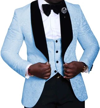 

Light Blue Mens Suits 3 Pieces Floral Jacquard Black Shawl Lapel Groomsmen Tuxedos for Wedding Suits Men (Blazer+vest+Pants)