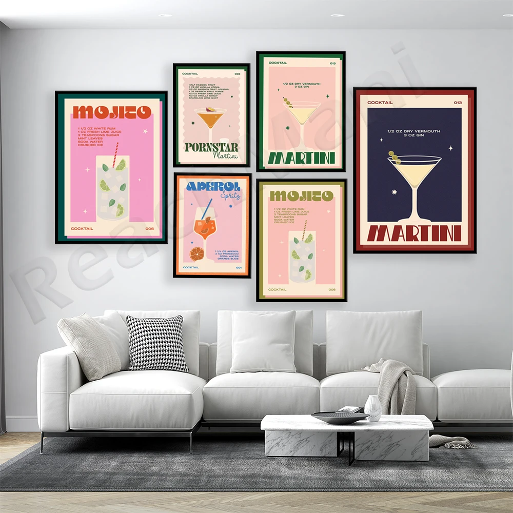 Retro Cocktail Aperol Spritz, Prosecco, Mojito, Martini Illustrated Poster, Bar Kitchen Alcool Colorato |