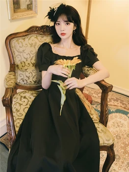 

High quality Elegant Vintage 90S Dress Summer Puff Sleeve Square collar Litter Black Party Vacation A Line Long Dress Vestidos