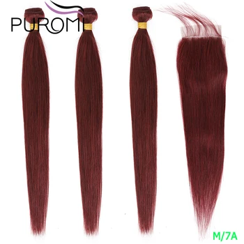 

Puromi Bundles With Closure 99J Color Pre-Colored Brazilian Straight Hair Bundles Human Hair Bundles With Closure Non-Remy Hair
