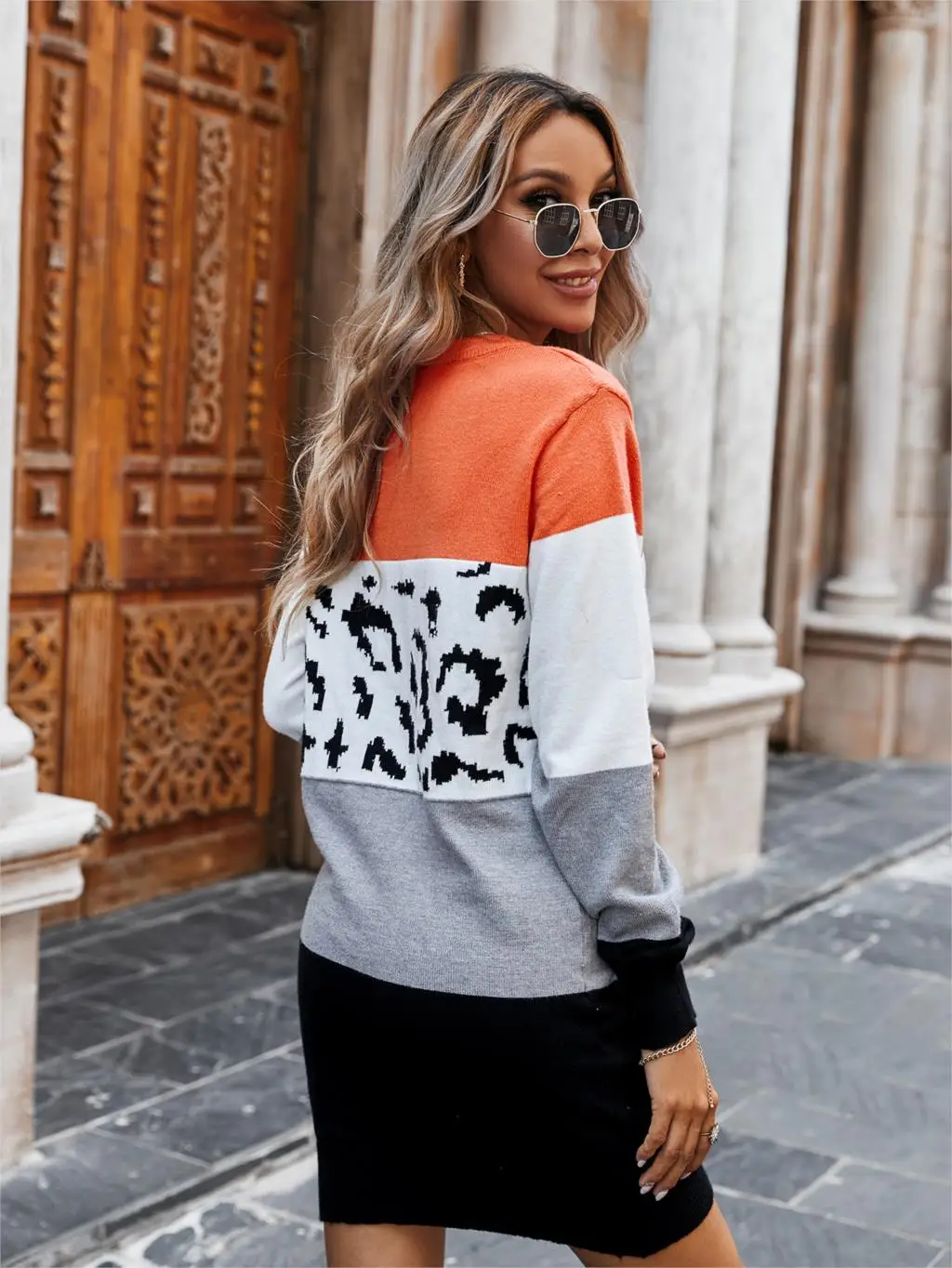 Chifirena Vintage Leopard Patchwork Sweater Dress Women O Neck Long Sleeve Winter Casual Robe Female Elegant Minie Vestidos
