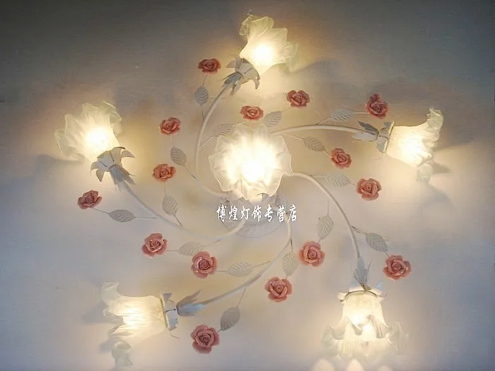 

European-style garden living room Romantic Restaurants white wrought iron pink ceramic flowers glass lampshade Ceiling Lamp c131