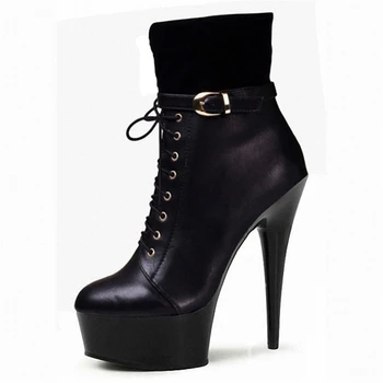 

European and American fashion lace-up ankle boots thin heel waterproof platform black heels boots women