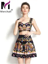 

Merchall Vintage Floral Print Dress Set Women's Lace Spaghetti Strap Crop Top + A Line Pleated Skirt Two Piece Sets Robe M66865