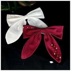 Bride's toast headdress white elegant hair ornament simple temperament red satin flash diamond atmospheric bow hairpin