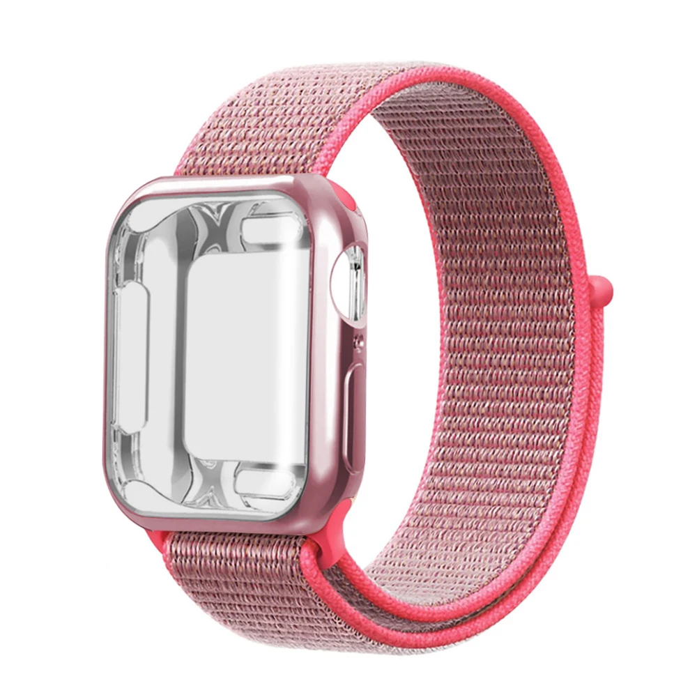 Нейлоновый ремешок+ чехол для Apple watch series 5/4/3/2/1, 42 мм, 38 мм, версия в едином положении во время занятий легкой атлетикой, ремешок для iwatch 40 мм 44 спортивный браслет - Цвет ремешка: Hot pink