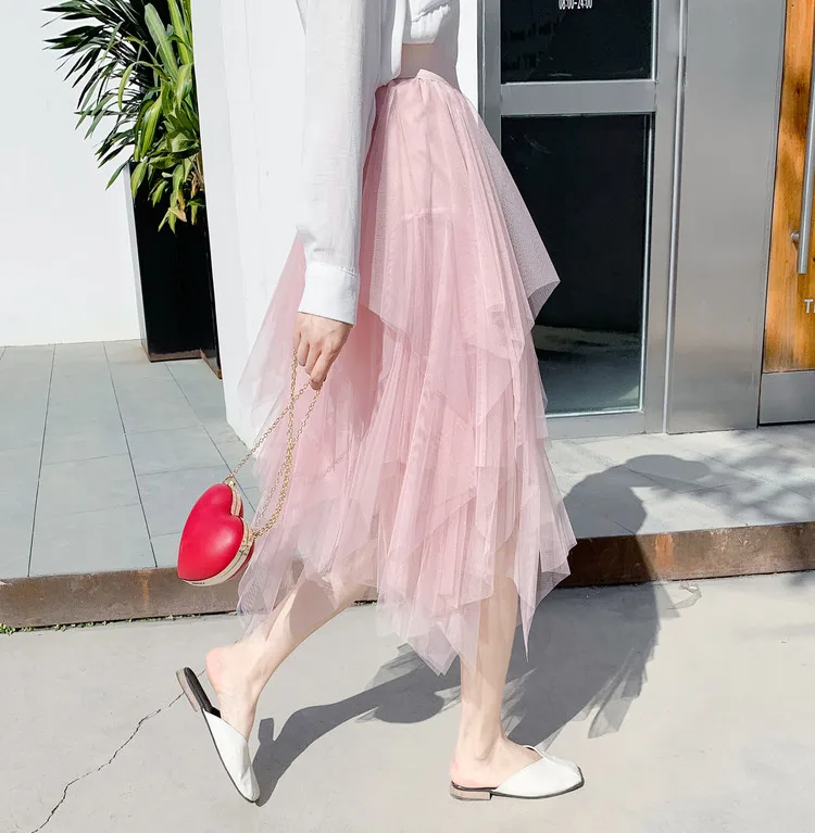 Женская милая стильная модная повседневная фатиновая юбка-пачка с высокой талией, эластичная сетчатая однотонная многослойная юбка принцессы, вечерние юбки - Цвет: Розовый