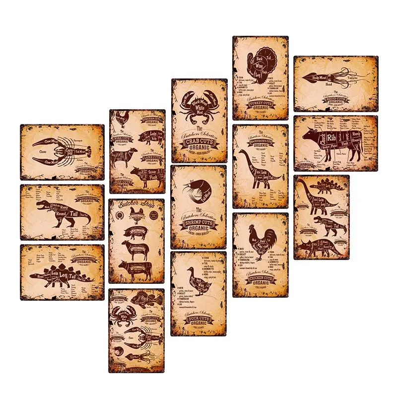 

Butcher Shop Tin Metal Sign Beef Pig Duck Meat Cuts Collection Kitchen Poster Guide Sigs Wall Art Plaque Painting Craft Decor