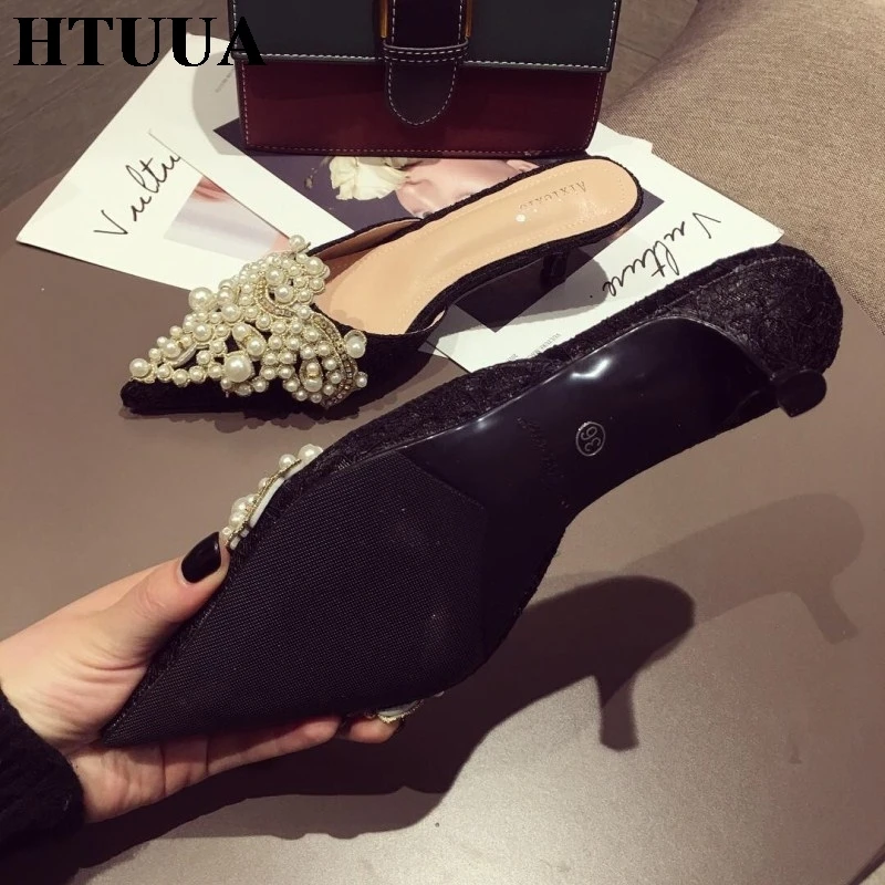 HTUUA/Роскошные шлепанцы; женские дизайнерские шлепанцы; женские брендовые туфли без задника; женские модельные туфли с острым носком на каблуке; шлепанцы с жемчугом; SX2439
