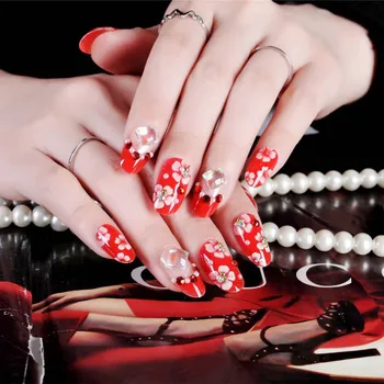 

24pcs/box back Adhesive Bride Manicure Finished Red Fake Nails press on Shiny Diamond Flower Decoration False Nail tips Patches