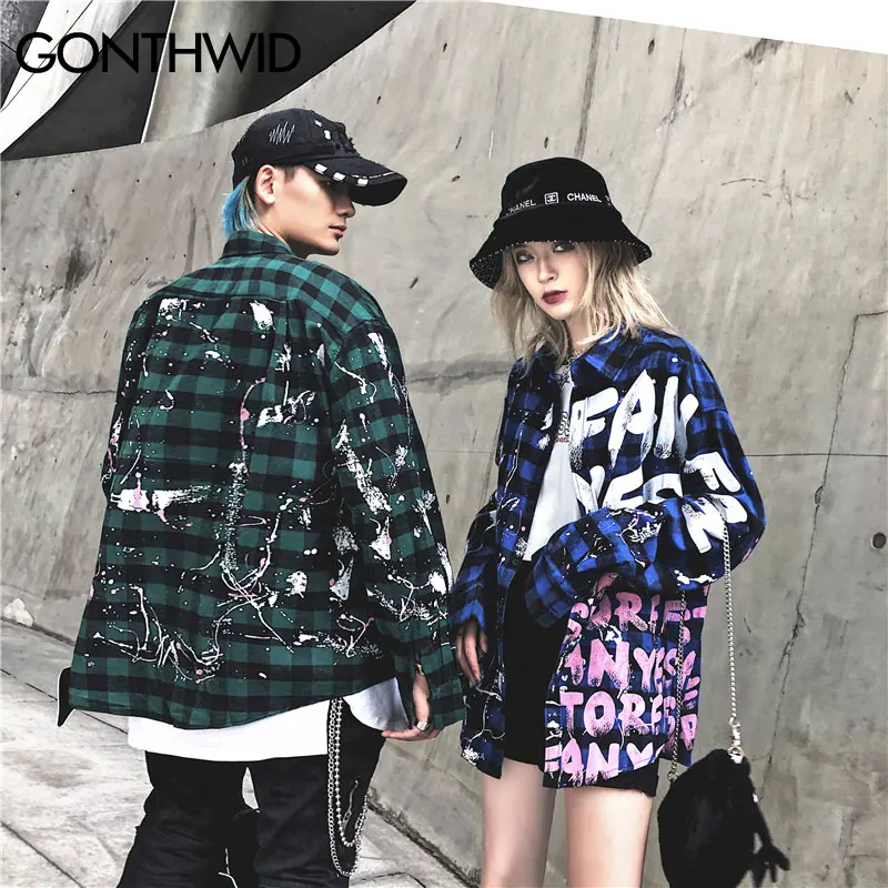 GONTHWID Harajuku граффити чернила Письмо печати плед рубашки для мужчин хип хоп хипстер панк Рок уличная рубашка модные повседневные топы Мужские