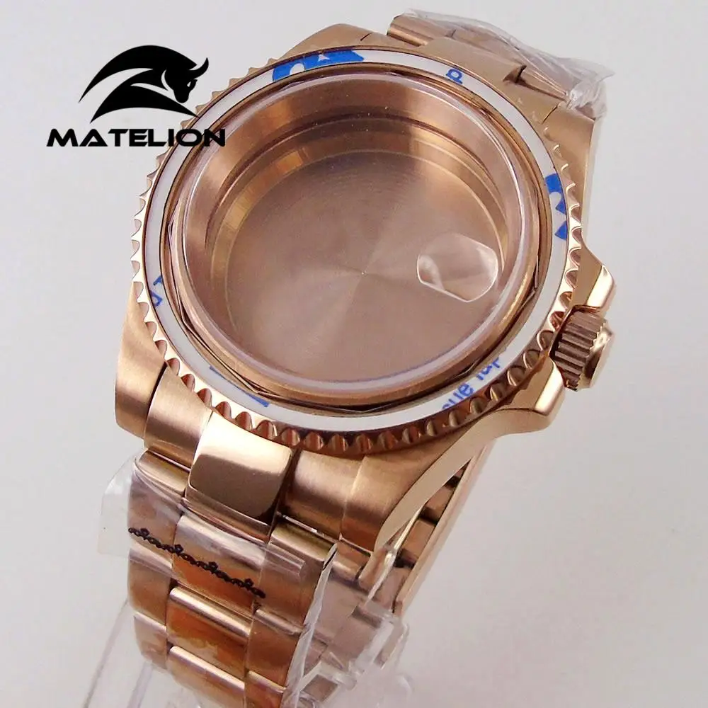 

40MM Rose Golden Sapphire glass Watch Case For NH35 NH36 Miyota 8215 ETA 2836 Mingzhu2813 Movement Oyster Band Glide Lock Buckle