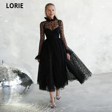 

LORIE 2021 Black Heart Tulle A-line Evening Dress Full Sleeves Tea Length Prom Gowns Women Formal High Neck Hearts Party Dress