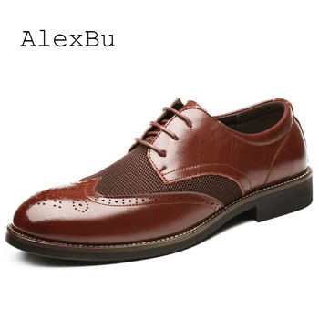 

AlexBu Fashion Men Shoes Leather Mens Brogue Shoes Brand Mesh Breathable High Quality Lace-Up Man Dress Leather Shoes Spring