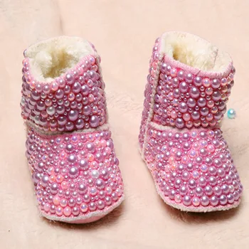 

Dollbling Unicorn Inspired AB Pink Pearls Sparkly Baby Girl Hand Crafted Bling Rhinestones Booties Beaded Newborn Winter Shoes