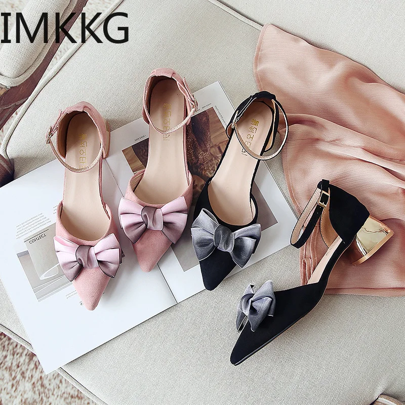 

2019 New Women med High Heels Elegant Wedding Dress Pumps Female Buckle Ankle Strap Bowtie mary jane shoes A00342