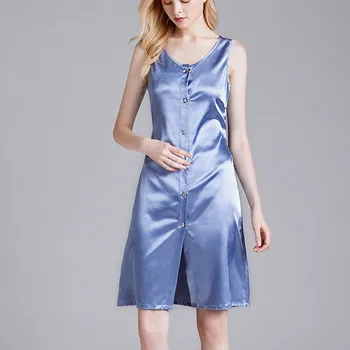 

Faux Silk Sexy Sleepwear Women's Nihtgowns Button Sleeveless Vest Sexy Nightdress Home Bathrobe Female Solid Nightie Sleepshirts